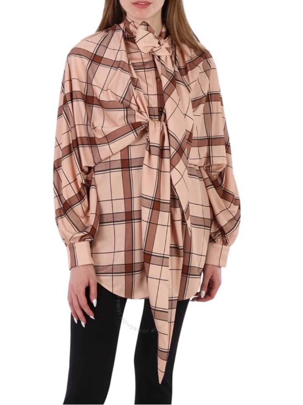 Burberry Plaid Tie-Neck Blouse in Blush and Brown
